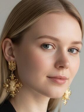 Baroque Gold tone faux Cameo Drop Earrings | Statement Vintage Style Jewelry